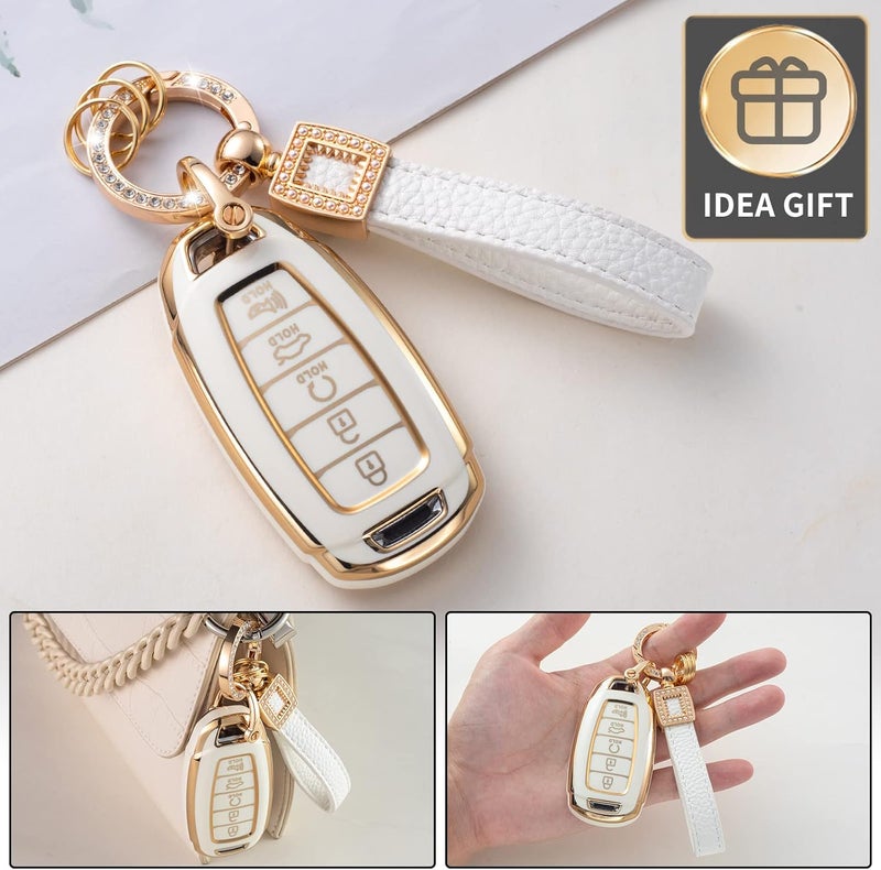 CACARLIKE for Hyundai Key Fob Cover with Leather Lanyard, Car Key Fob Case Compatible with Elantra GT Sport Santa Fe Palisade Kona Smart Key Protector Holder - Image 5